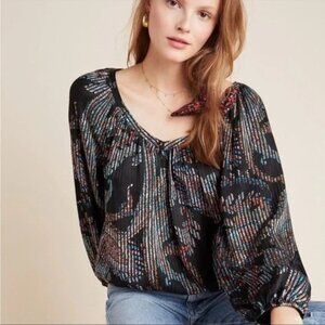 Anthropologie Maeve Madeira Black Paisley Print Burnout Satin Blouse -Size L NWT